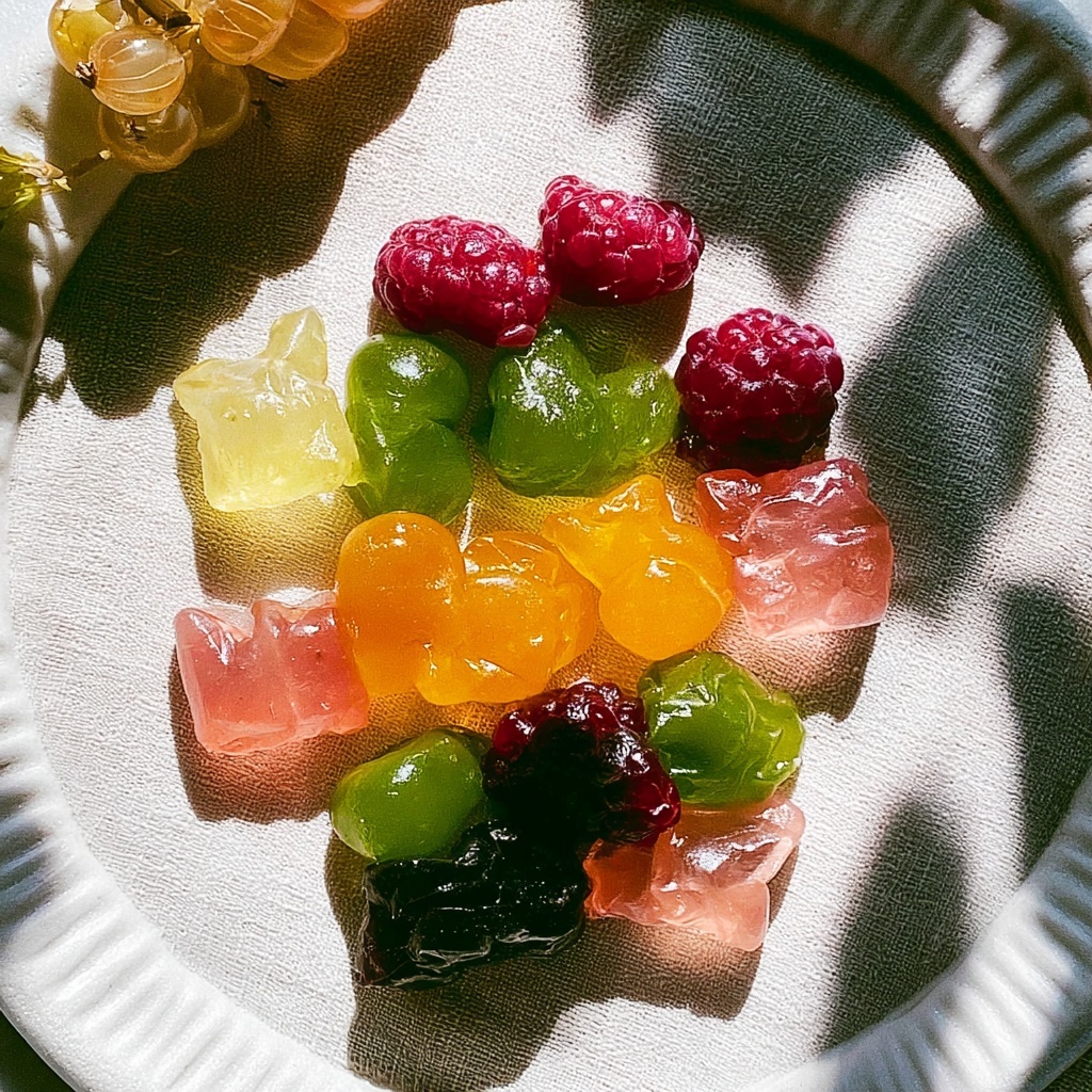 House-made fruit gummies in raspberry, mango, apple, and grape on a white plate