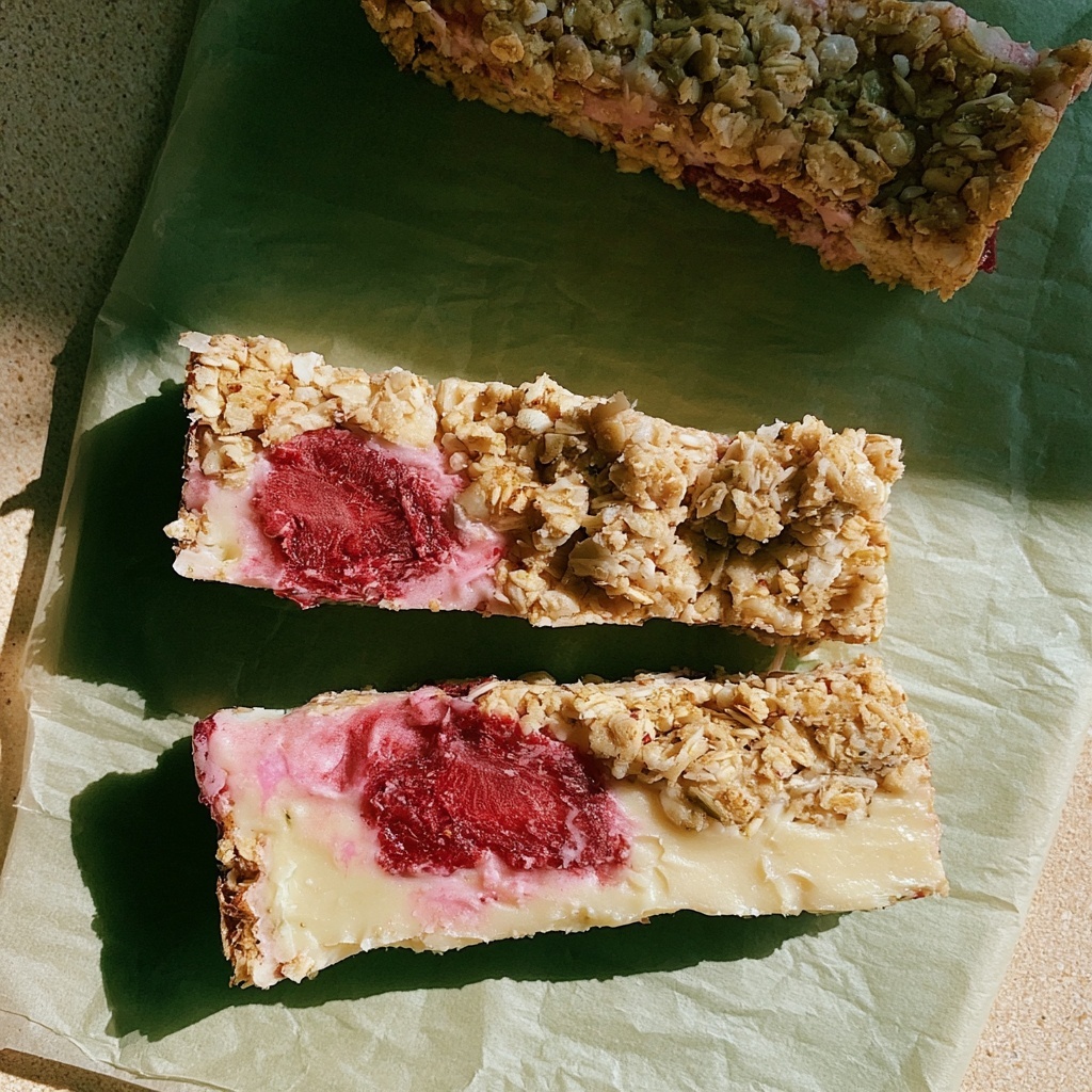 Strawberry oat bars with cream cheese filling on parchment paper