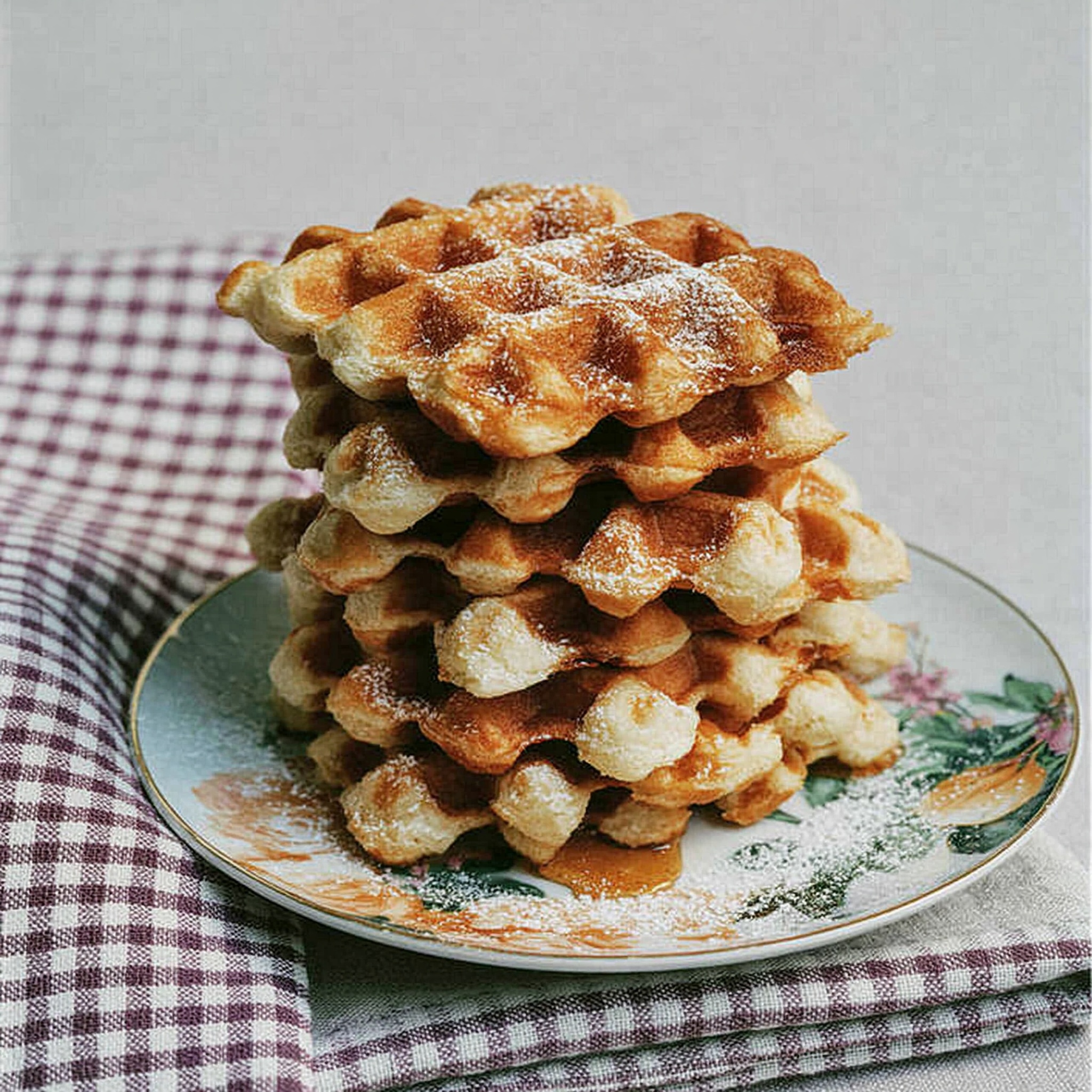 Stack of golden waffles dusted with powdered sugar on a floral plate