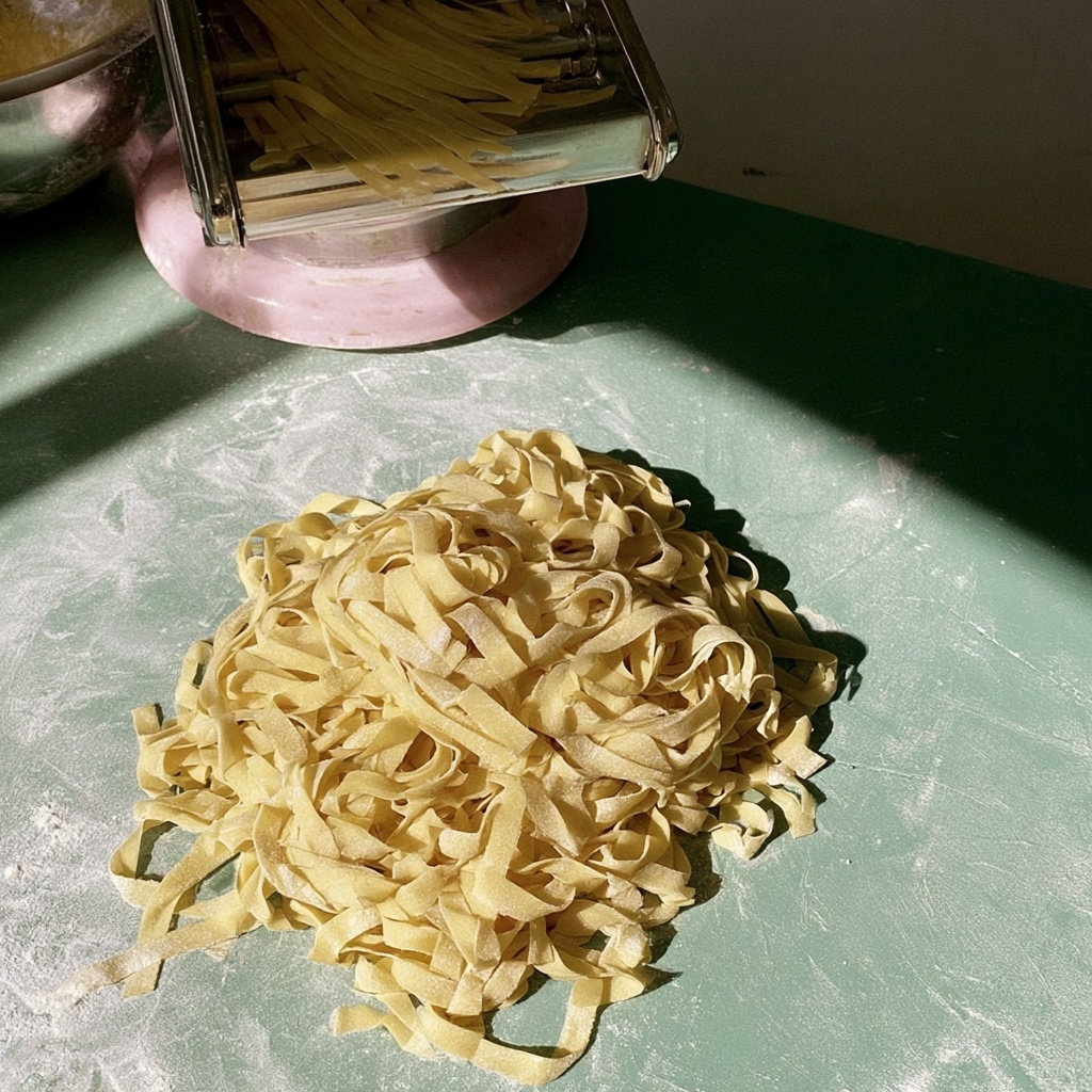 Fresh-cut tagliatelle resting on a flour-dusted green surface beside a pasta roller