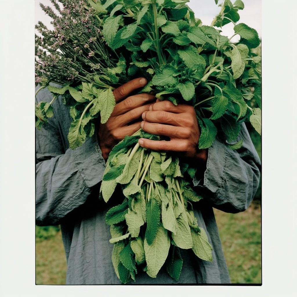 Hands gathering a fresh bundle of garden herbs and flowering sage