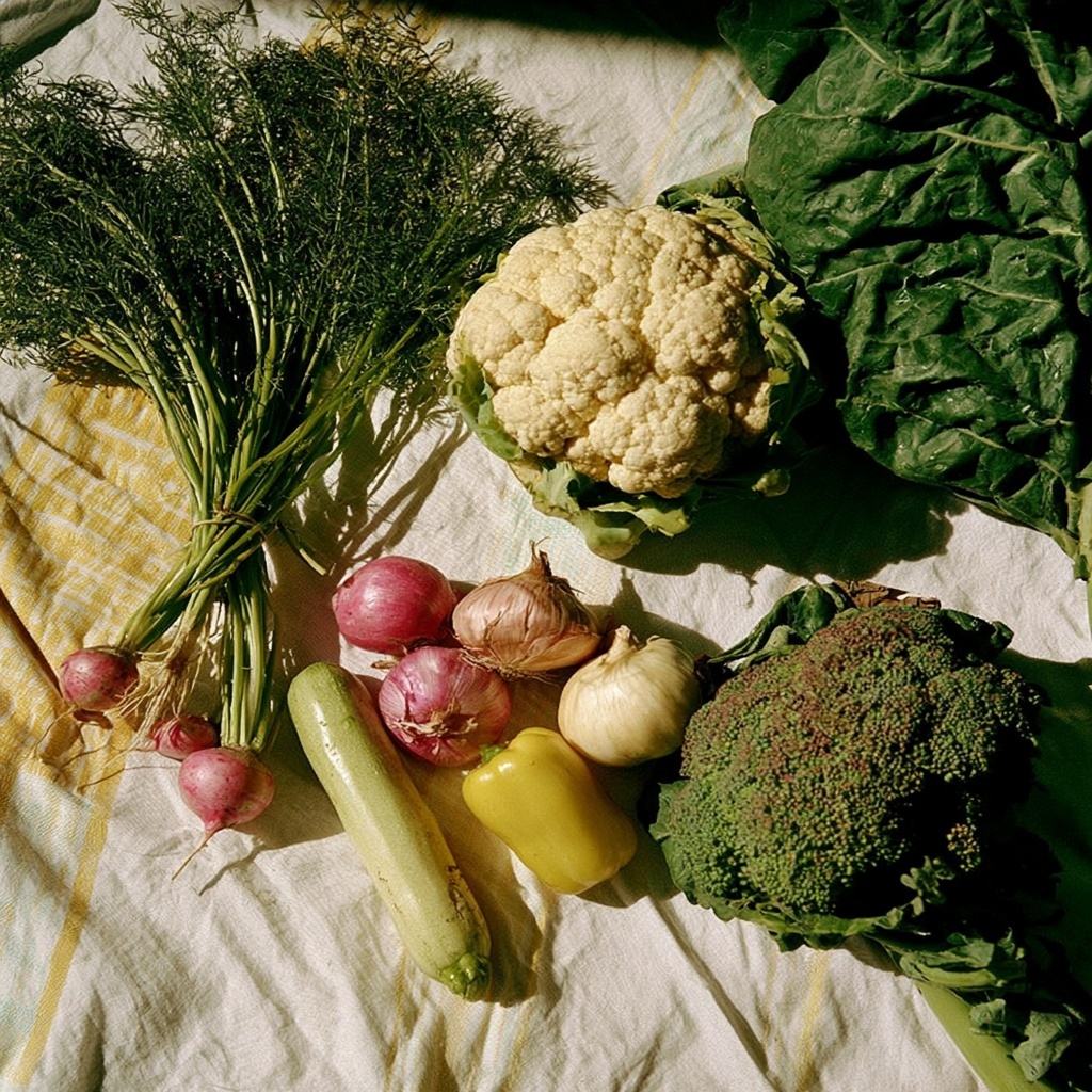Fresh seasonal vegetables — radishes, cauliflower, broccoli, dill, and squash — arranged on a sunlit white tablecloth